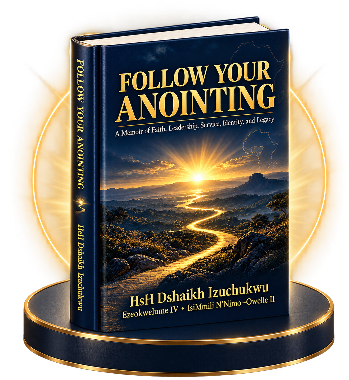 Follow Your Anointing hardcover book displayed on an elegant navy and gold pedestal